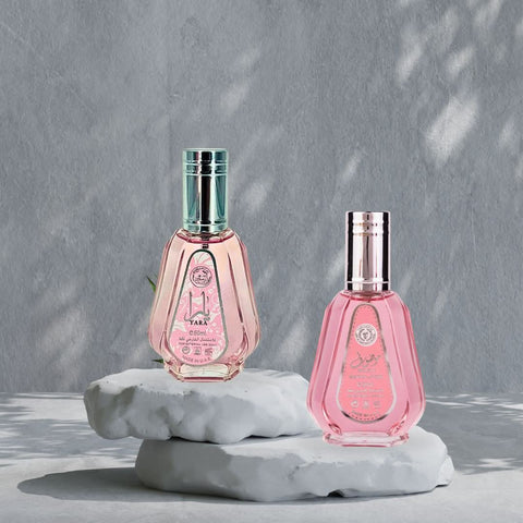 Bundle of Ard Al Zaafaran Yara & Mousuf Wardi Eau de Parfum sprays, 50ml each, with elegant bottle designs.