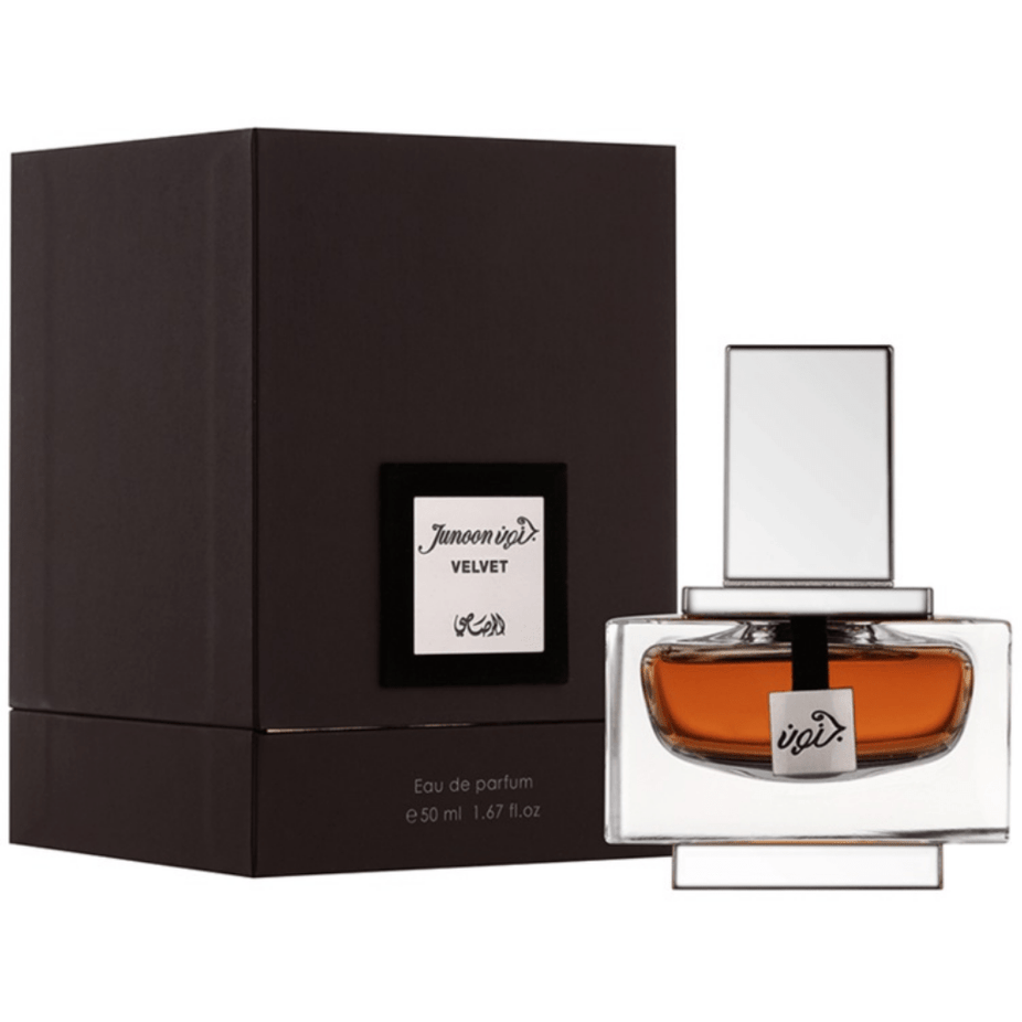 Rasasi Junoon Velvet for Men Eau De Parfum bottle, 50ml, with elegant design and sleek packaging.