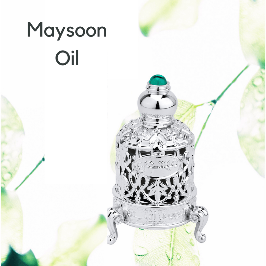 Swiss Arabian Maysoon Perfume Oil in 15ml bottle, concentrated perfume oil with elegant packaging and floral fragrance.