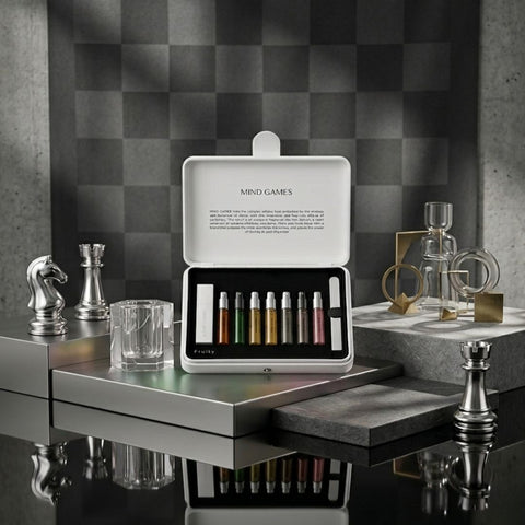 Mind Games Olfactive Fruity 7-piece discovery set with seven 7.5ml fragrance bottles arranged in a display.
