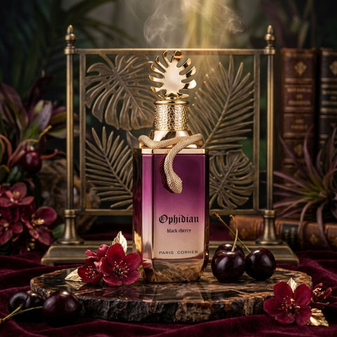 Ophidian Black Cherry Eau de Parfum spray by Paris Corner, 100ml bottle with black cherry scent and elegant packaging.