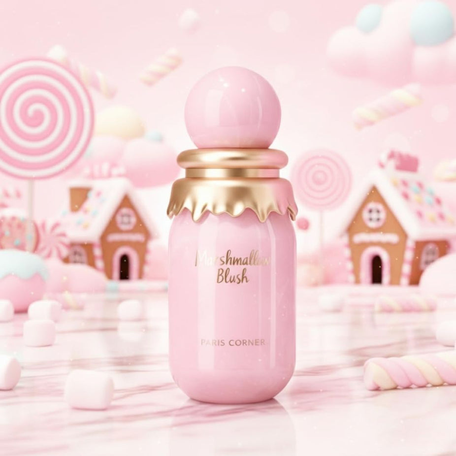 Paris Corner Marshmallow Blush Eau de Parfum spray 50ml bottle with elegant pink packaging and floral design.