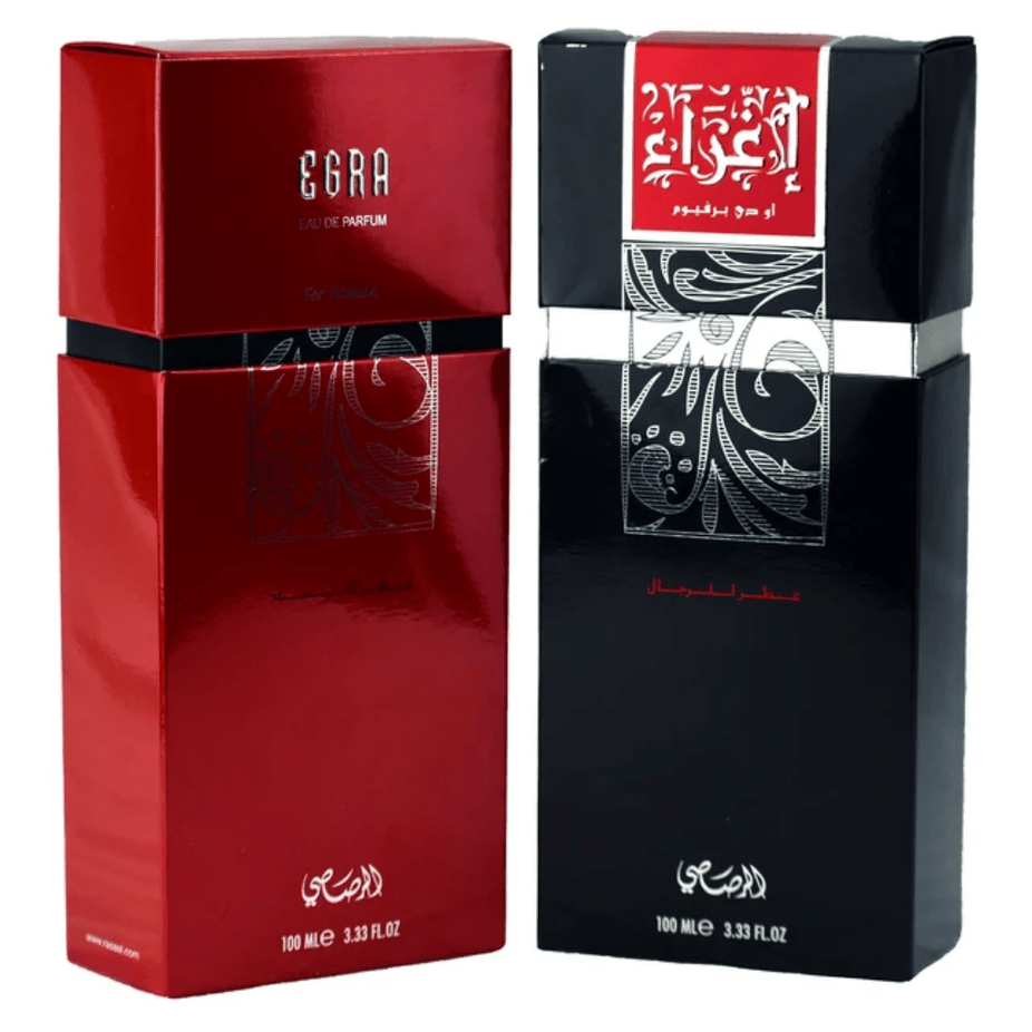 Rasasi Egra EDP couple set with two 100ml perfume bottles, one for men and one for women, displayed on a white background.