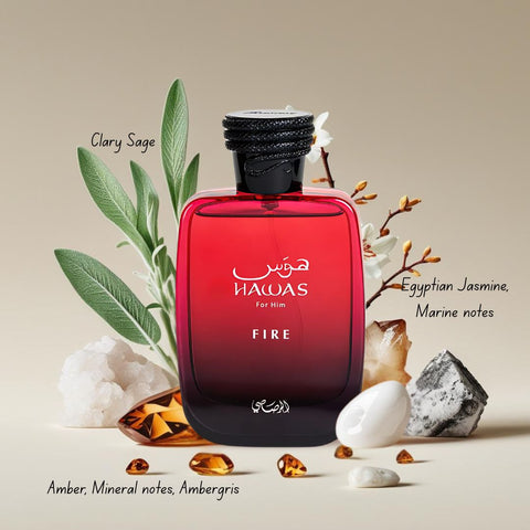 Rasasi Hawas Men Eau de Parfum bundle with Ice, Fire, and Pink scents, 100ml bottles, featuring colorful packaging and spray caps.