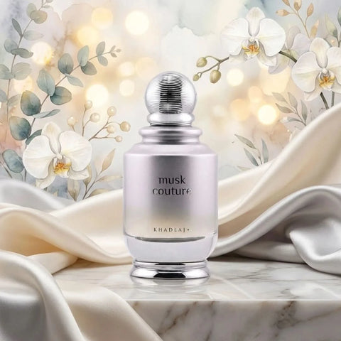 Khadlaj Musk Couture Eau de Parfum Spray 100ml bottle with elegant packaging and fragrance details visible.