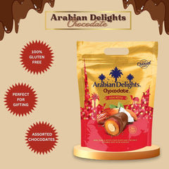 Arabian Delights Chocodate Assorted Pouch 460 GMS by Intense Delish | A Variety of Milk, Dark, White & Coconut Flaked Chocolates with Almond-Stuffed Dates Coated in Chocolate. - Intense Oud