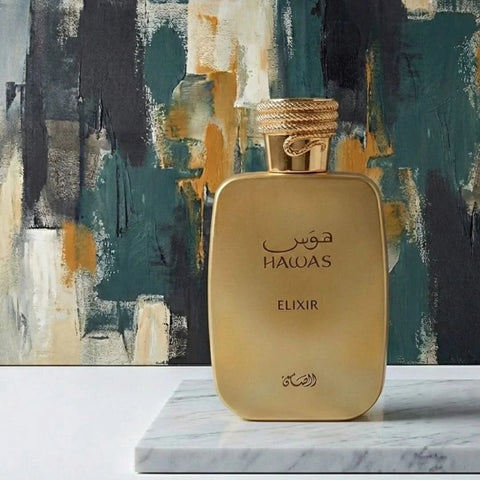 Rasasi Hawas Elixir Eau de Parfum spray bottle, 100ml, with elegant packaging and fragrance details visible.