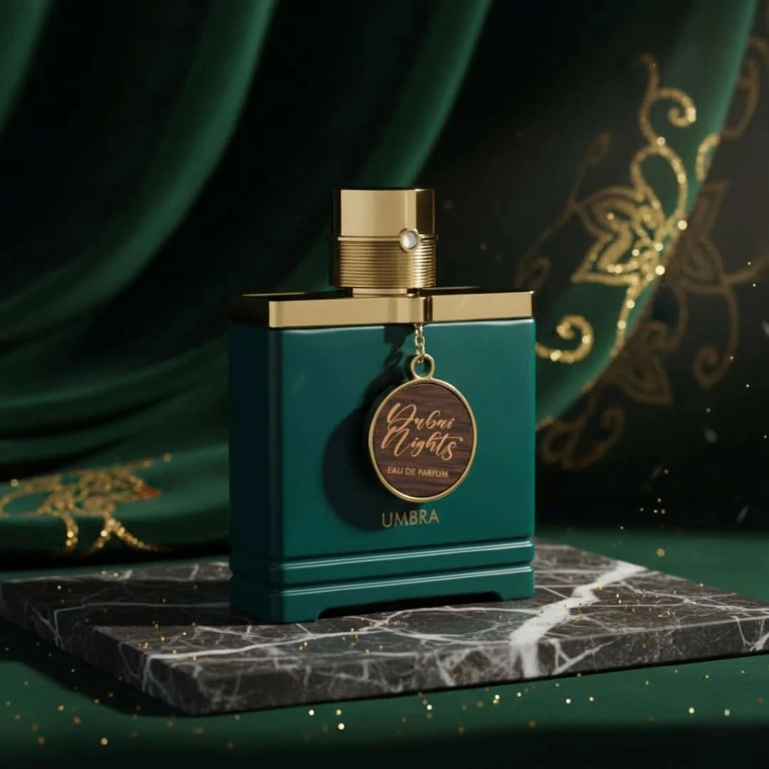 Armaf Dubai Nights Umbra Eau de Parfum spray bottle, 100ml, with sleek black and gold design, showcasing the luxurious fragrance.