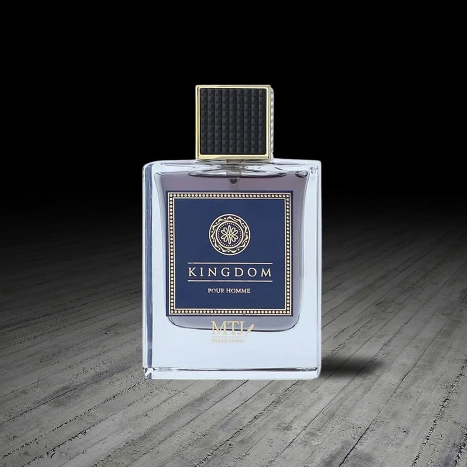 MTJ Kingdom Pour Homme EDP Spray 100ML, vibrant citrusy woody perfume bottle with sleek design.