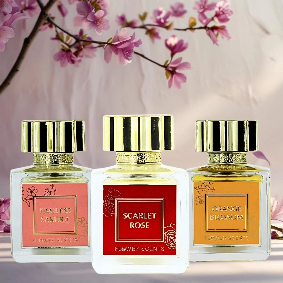 Orange Blossom, Timeless Sakura & Scarlet Rose Eau de Parfum Sprays 65ml by Flower Scents | The Essence of Blossom, Bloom & Allure (Bundle) - Intense Oud