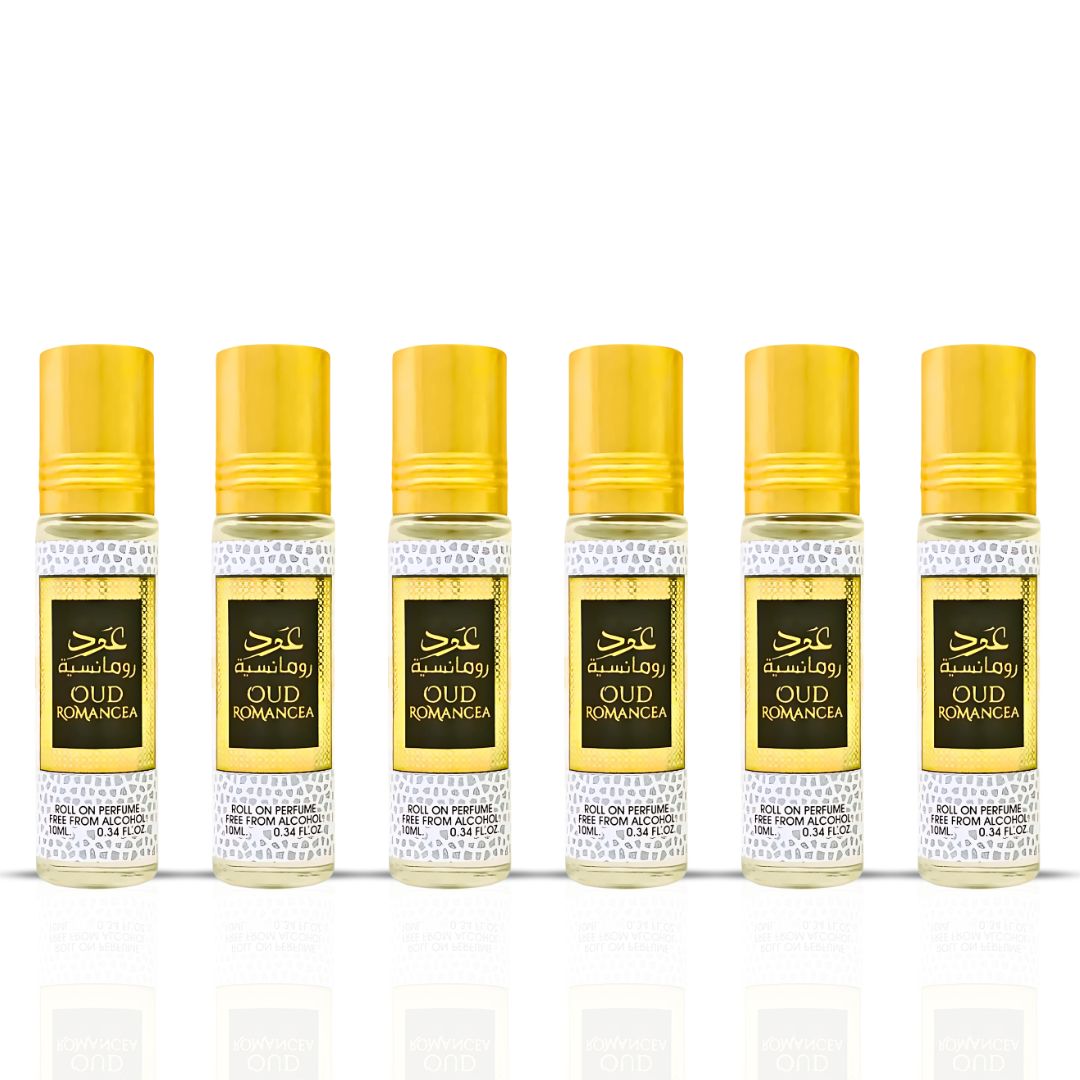 6PCS Oud Romancea Roll-On Perfume Oil - CPO 10ML (0.34OZ) by Ard Al Zaafaran | Long Lasting, Miniature Perfume Oil For Men & Women. (Pack Of 6) - Intense Oud
