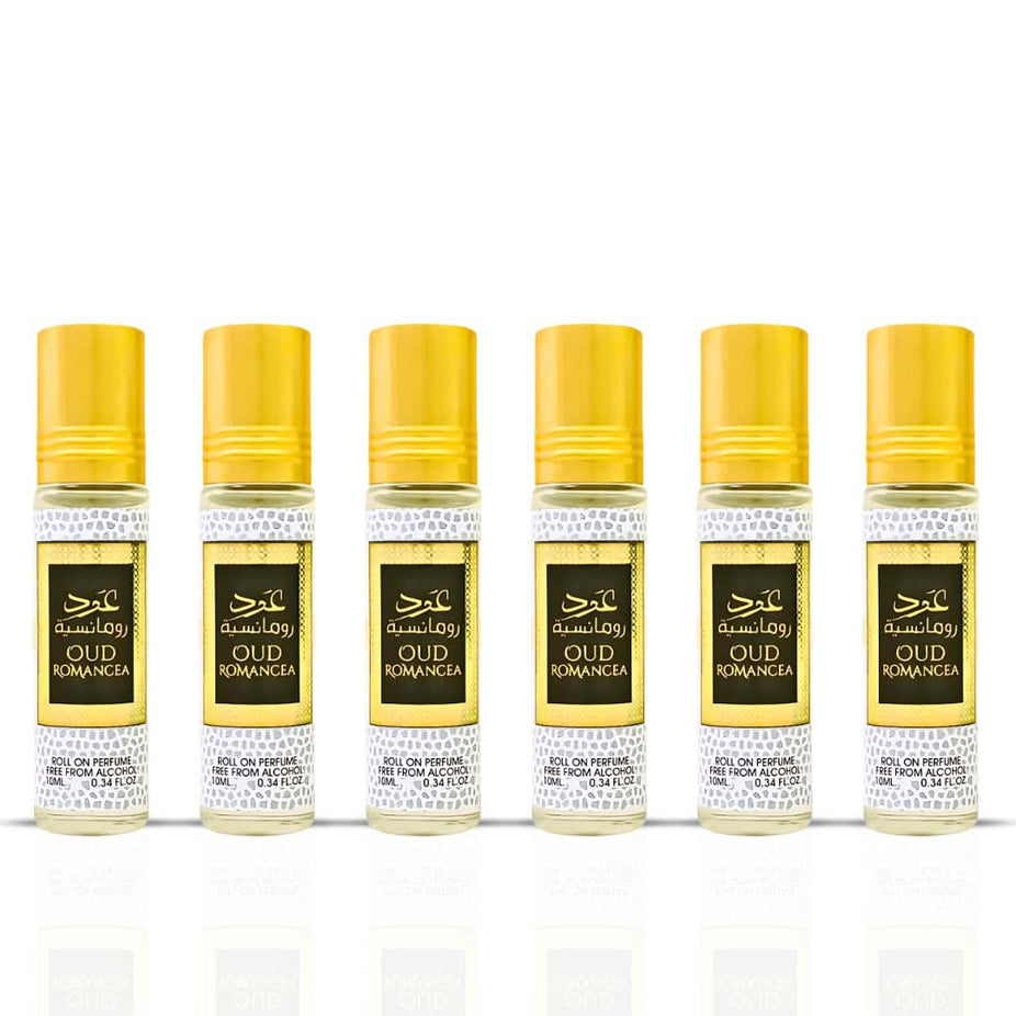 Six bottles of Ard Al Zaafaran Oud Romancea CPO concentrated perfume oil, 10ml roll-on bottles for men and women.