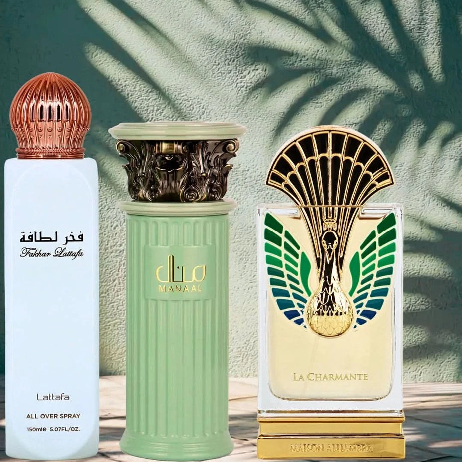 Bundle of Lattafa Eau de Parfum sprays including Manaal by Ard Al Zaafaran, La Charmante by Maison Alhambra, and Fakhar all over spray.
