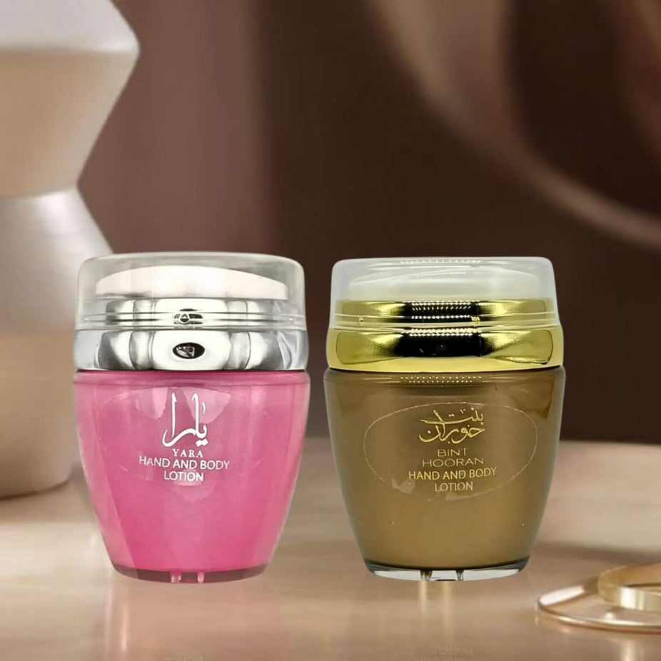 Bundle of Ard Al Zaafaran Yara & Bint Hooran hand and body lotions in 45ml bottles, featuring elegant packaging.