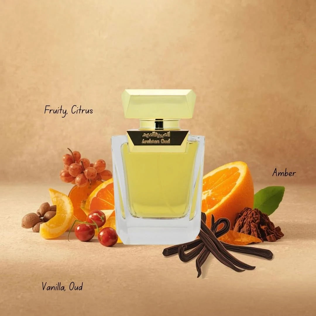 Arabian Oud Dokhon 5-piece gift set with assorted perfume bottles and elegant packaging, showcasing traditional Arabian fragrance collection.