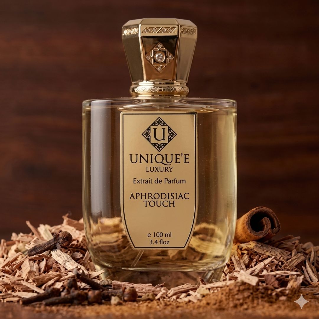 Aphrodisiac Touch Extrait de Parfum by Unique'e Luxury, 100ml EDP bottle with elegant black and gold packaging.