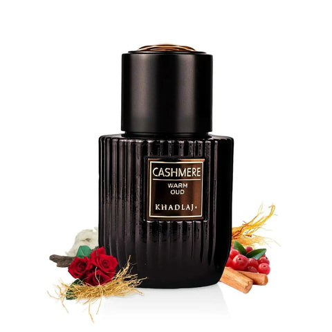 Khadlaj Cashmere Sunshine Musk and Warm Oud Eau de Parfum bundle with two 100ml spray bottles, elegant bottle designs.