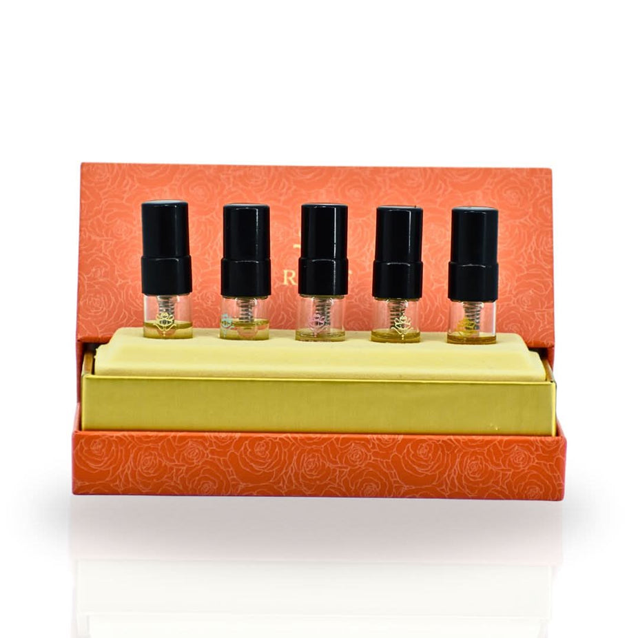 Set of five Reef Perfumes 3ml EDP spray bottles including Reef 19, Reef 33, Summer Tiffany, Pink, and Yellow fragrances.