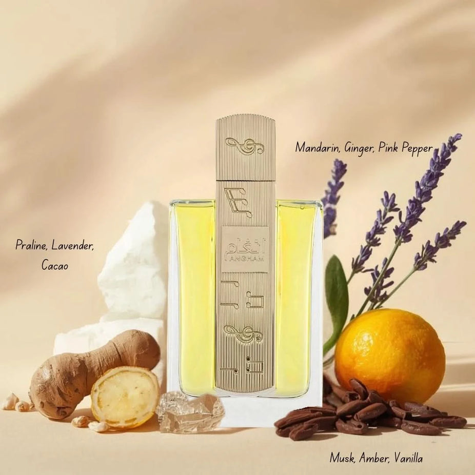 Bundle of two Lattafa Eau de Parfum sprays, Manaal by Ard Al Zaafaran and Angham, 100ml bottles, elegant fragrance packaging.