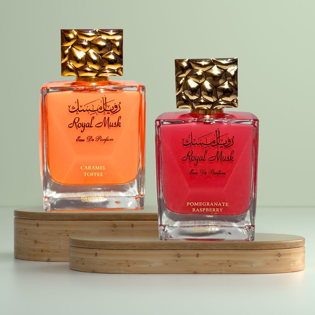 Royal Musk Caramel Toffee & Royal Musk Pomegranate Raspberry - EDP Sprays 100ML (3.4 OZ) By SURRATI | Exquisite Fragrances. (ROYAL BUNDLE) - Intense Oud