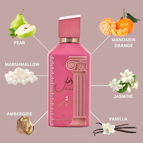 Ahubbak Love In Paris Eau de Parfum spray by Ard Al Zaafaran, 100ml bottle with velvet pouch, elegant fragrance presentation.