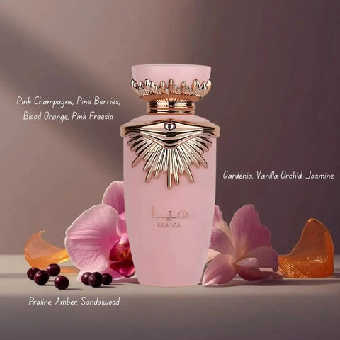 Lattafa Haya Eau de Parfum spray bottle in a velvet pouch, 100ml (3.4 oz), elegant fragrance packaging.