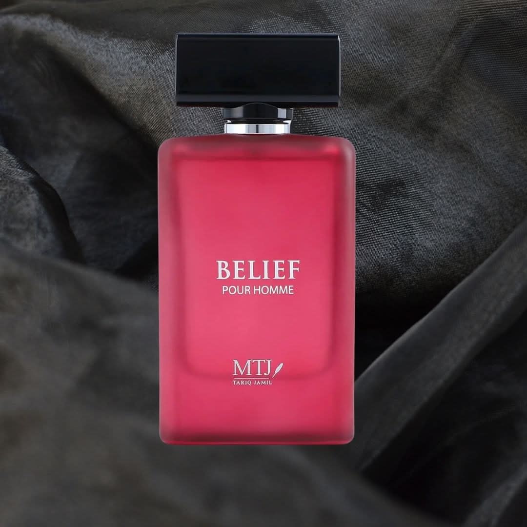 MTJ Belief Pour Homme EDP Spray 100ML featuring floral, spicy, and warm scent notes, showcasing the elegant perfume bottle.