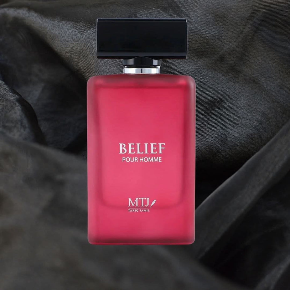 MTJ Belief Pour Homme EDP Spray 100ML featuring floral, spicy, and warm scent notes, showcasing the elegant perfume bottle.