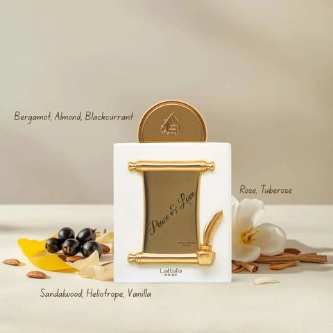 Lattafa Tharwah Gold gift set bundle featuring Peace, Love, and Affection themed perfume bottles and packaging.