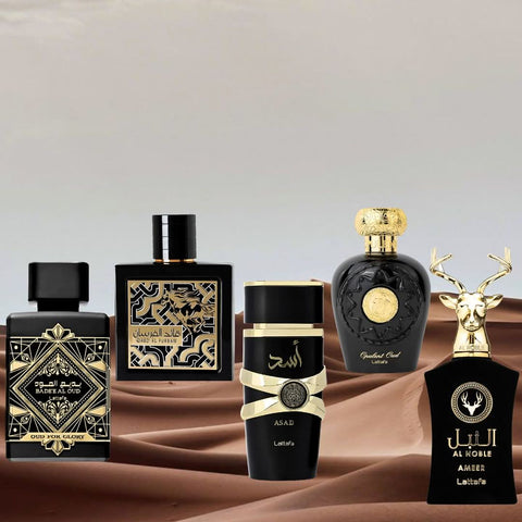 Set of five Lattafa Bold & Luxurious Collection Eau de Parfum sprays in 100ml bottles, featuring elegant perfume bottles.