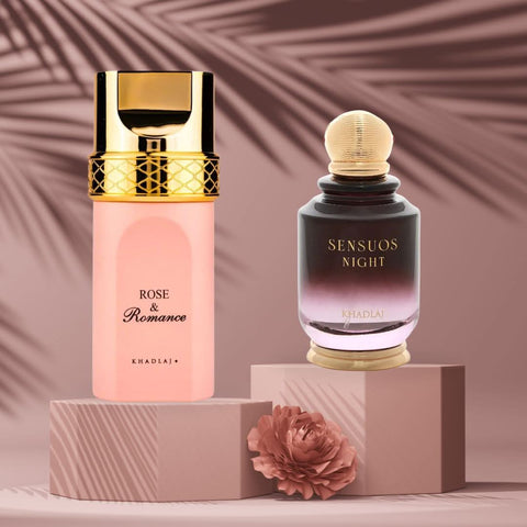 Khadlaj Rose & Romance Gold and Sensuous Night Eau de Parfum spray bundle, 100ml bottles with elegant packaging.