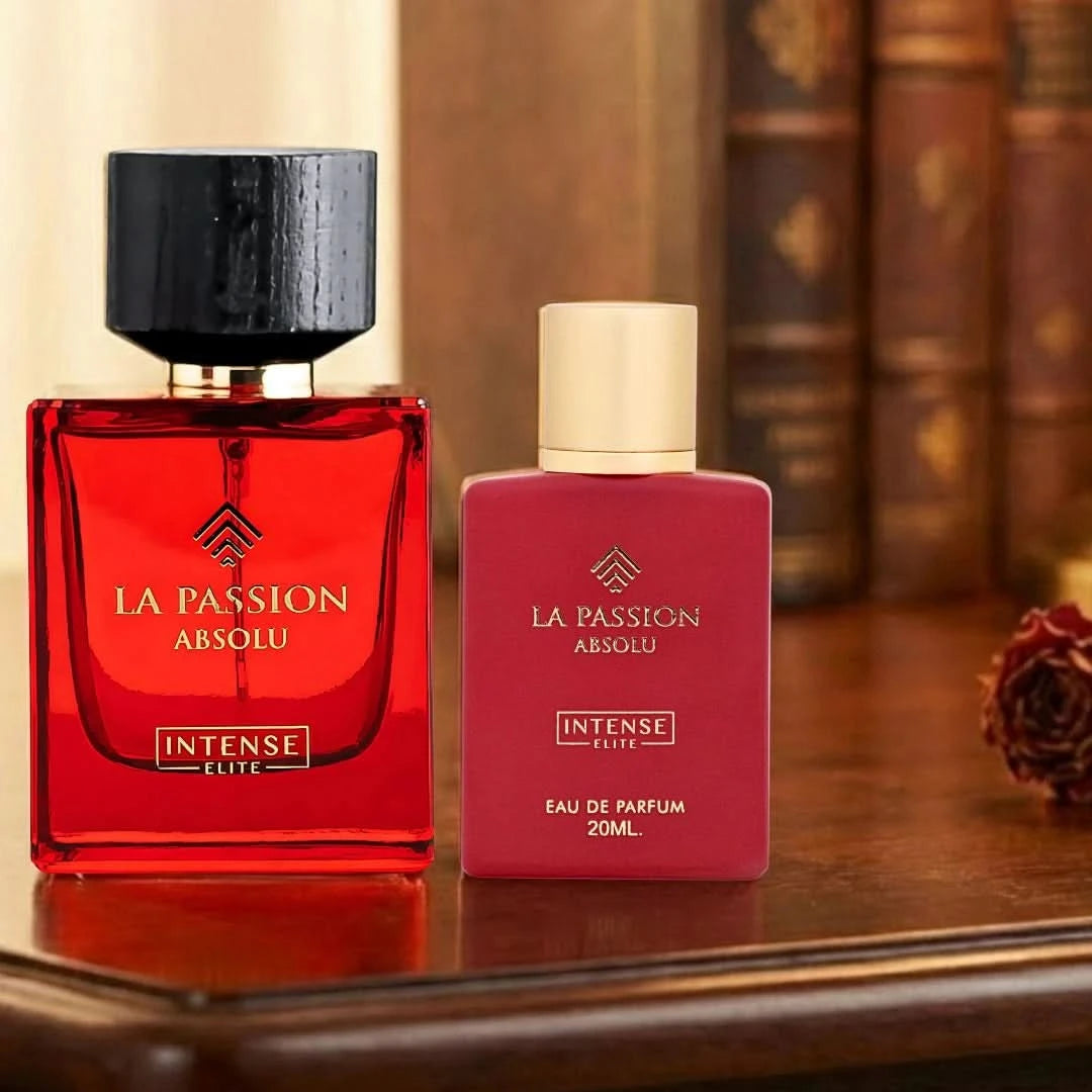 Bundle of Intense Elite La Passion Absolu Women Eau de Parfum sprays, including 100ml and mini 20ml bottles.