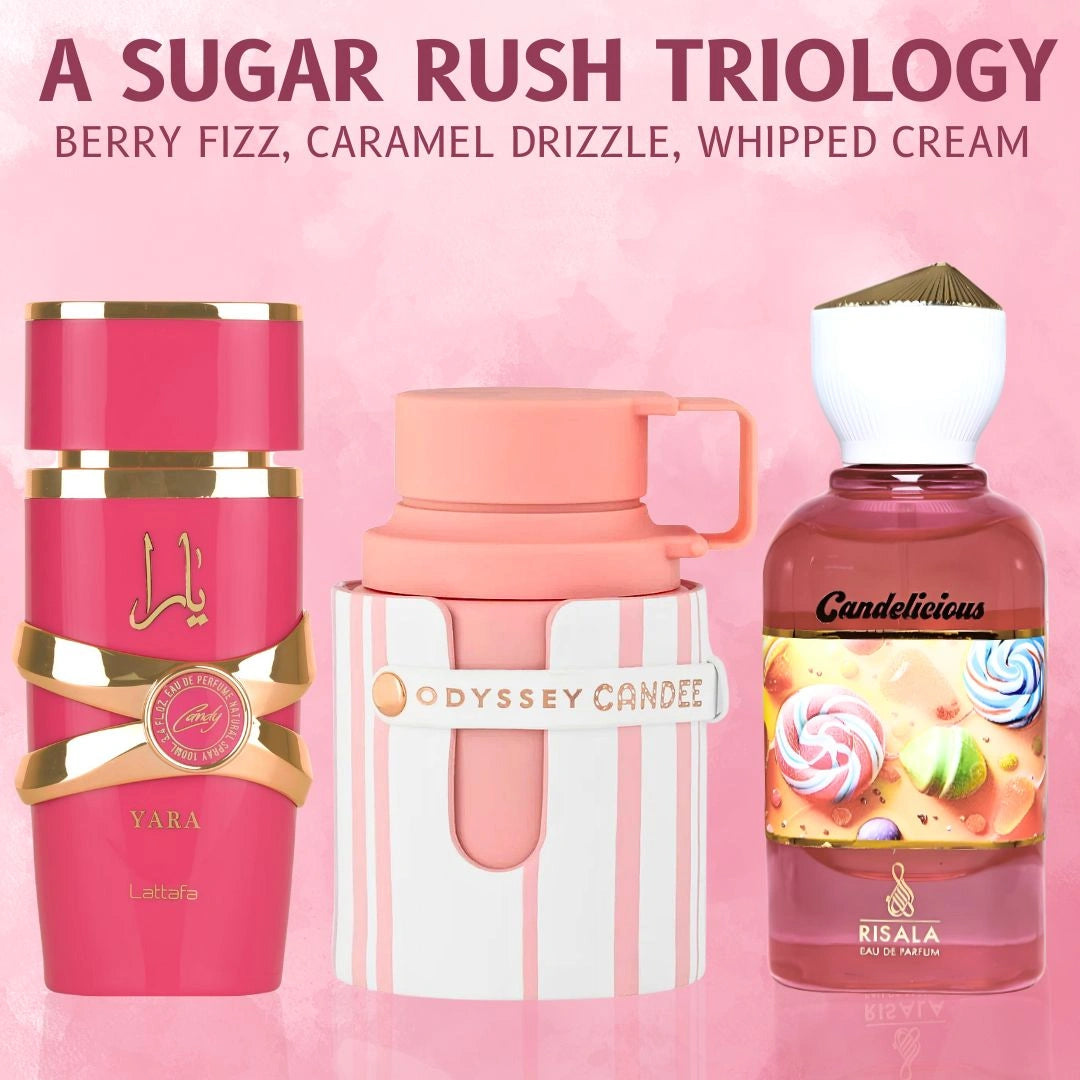 Yara Candy by Lattafa, Odyssey Candee by Armaf & Candelicious by Risala - Eau de Parfum Sprays 100ml (3.4 oz) | Fun, Flirty & Sweet (Bundle) - Intense Oud