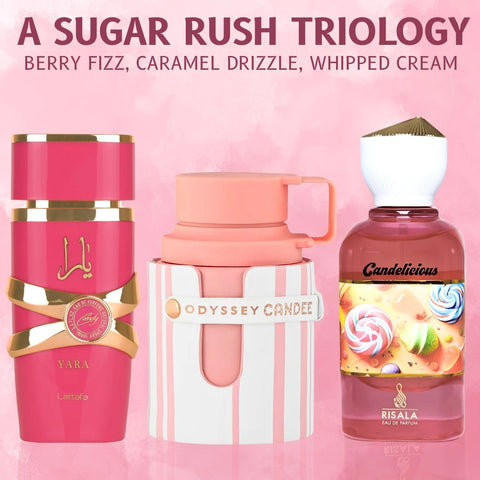 Yara Candy by Lattafa, Odyssey Candee by Armaf & Candelicious by Risala - Eau de Parfum Sprays 100ml (3.4 oz) | Fun, Flirty & Sweet (Bundle) - Intense Oud