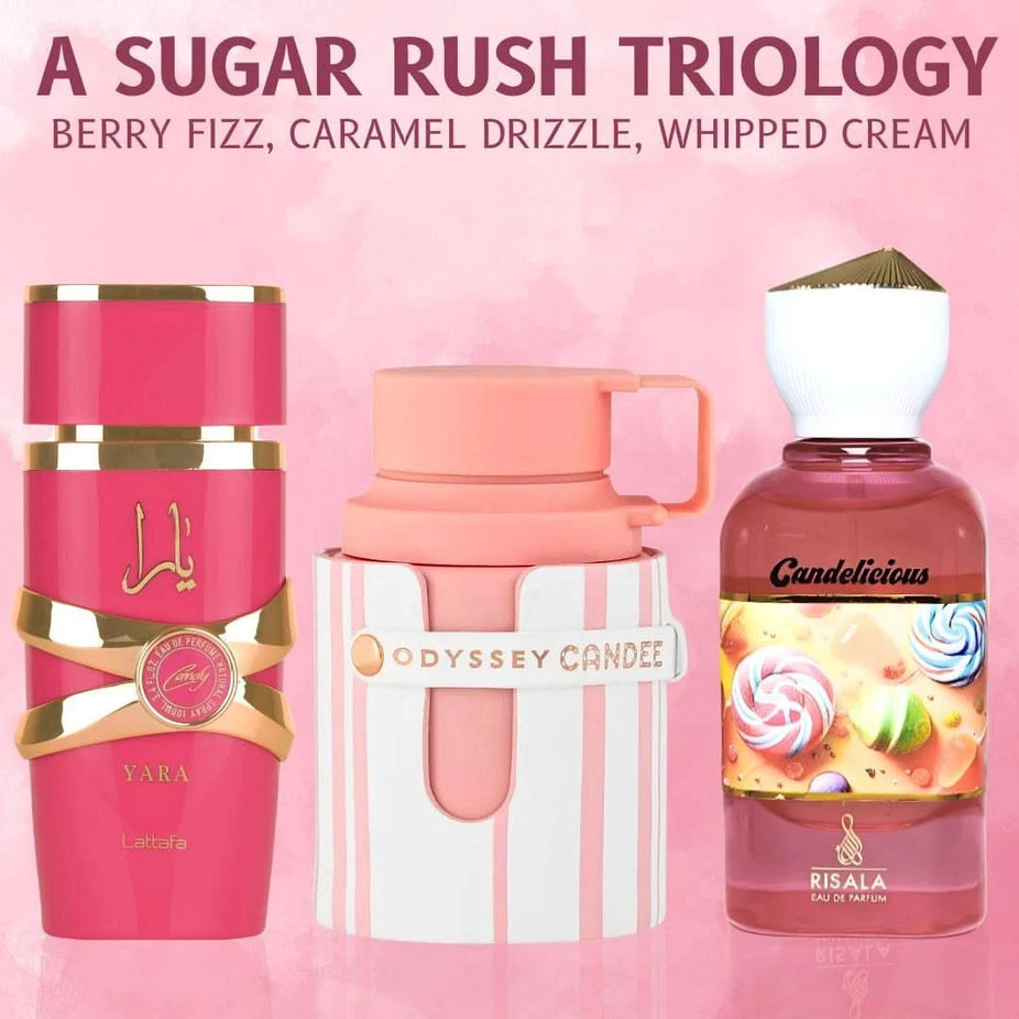 Bundle of three 100ml Eau de Parfum sprays including Yara Candy by Lattafa, Odyssey Candee by Armaf, and Candelicious by Risala.