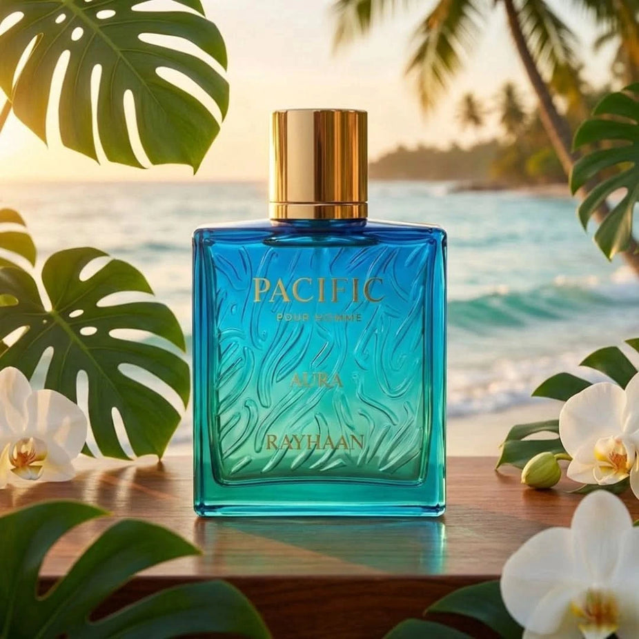 Rayhaan Pacific Aura Eau de Parfum spray bottle, 100ml, with elegant packaging and sleek design.