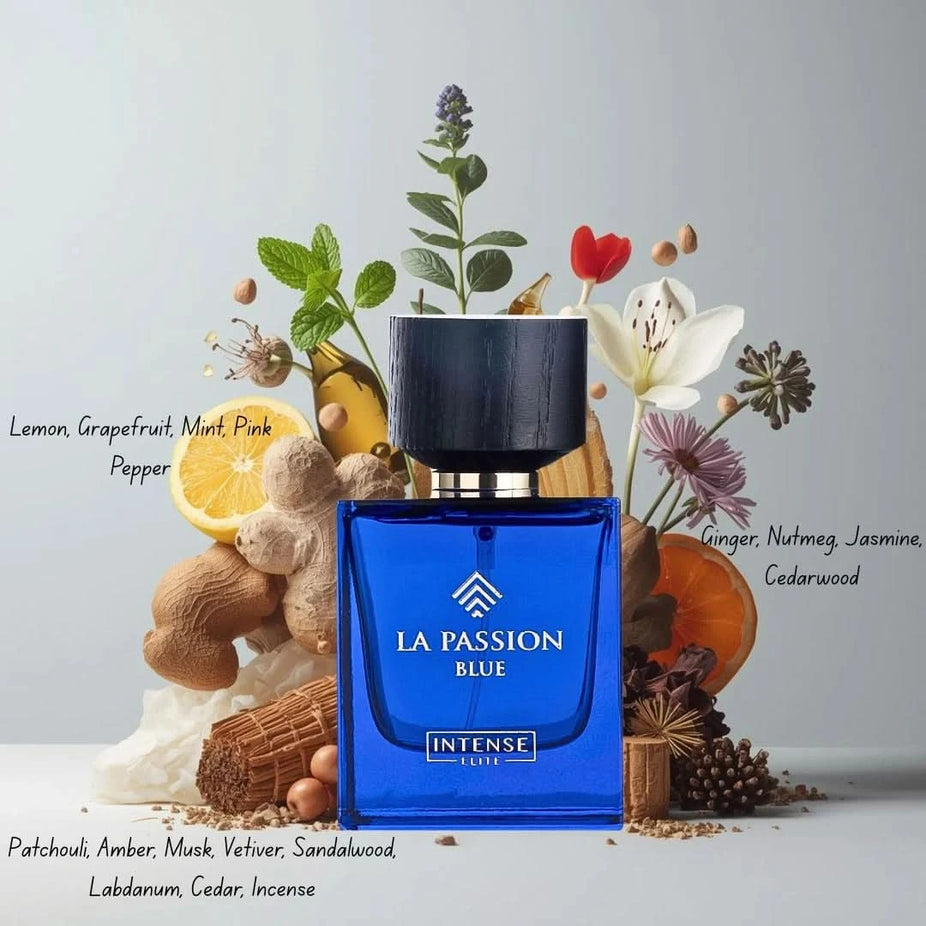 Bundle of three 100ml Eau de Parfum sprays including Hawas Ice by Rasasi, La Passion Blue by Intense Elite, and Asad Elixir by Lattafa.