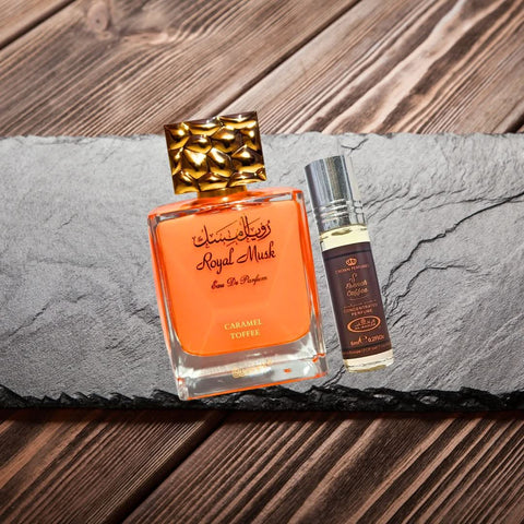 Bundle of Intense Oud Royal Musk Caramel Toffee Eau de Parfum spray and Al Rehab French Coffee perfume oil, 6ml miniature.