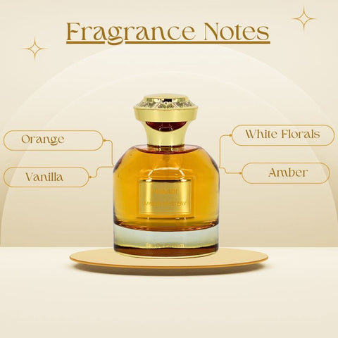 Khaadi Amber Mystery Eau de Parfum spray in a velvet pouch, featuring a sleek glass bottle with amber-colored perfume inside.