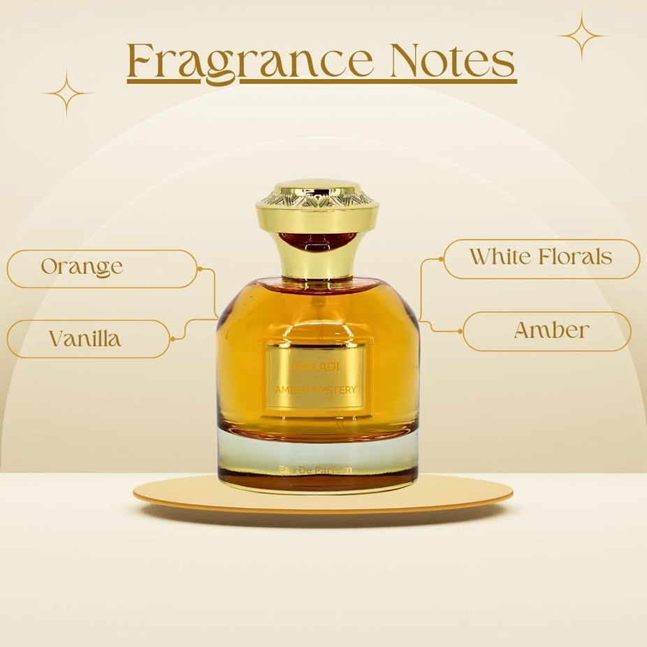 Khaadi Amber Mystery Eau de Parfum spray in a velvet pouch, featuring a sleek glass bottle with amber-colored perfume inside.