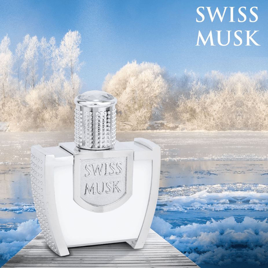 Swiss Musk Eau De Parfum by Swiss Arabian, 45 ML bottle, elegant packaging with a sleek design and brand logo visible.