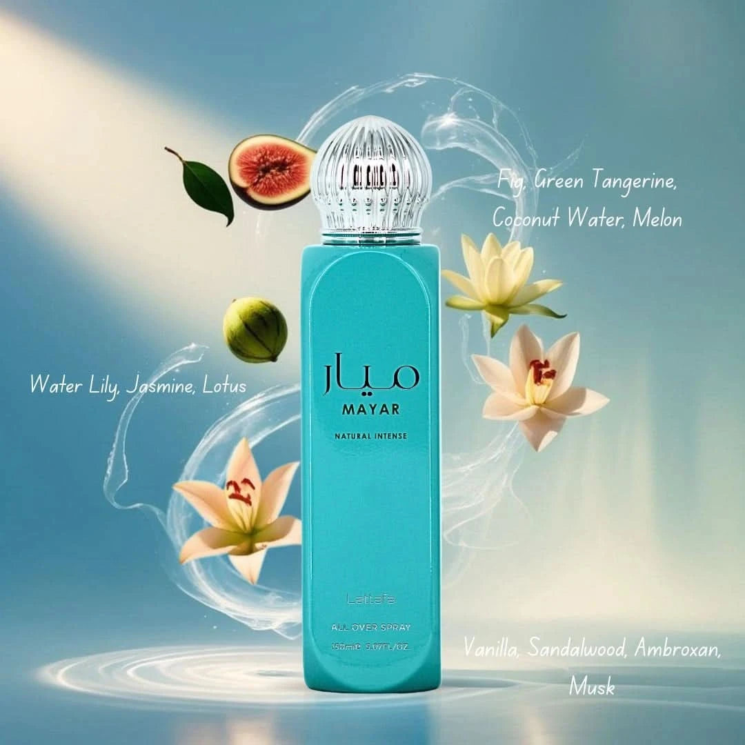 Lattafa Mayar & Mayar Natural Intense All Over Spray bundle with two 150ml bottles, featuring elegant packaging and spray nozzles.