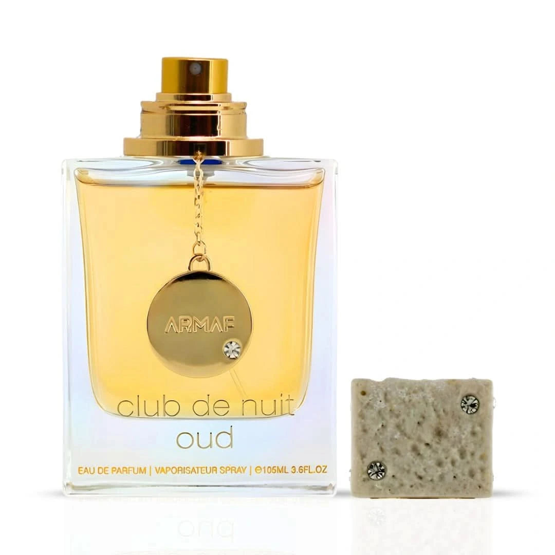 Armaf Club De Nuit Oud I Eau de Parfum spray bottle with sleek design, 105ml, showcasing the elegant fragrance packaging.