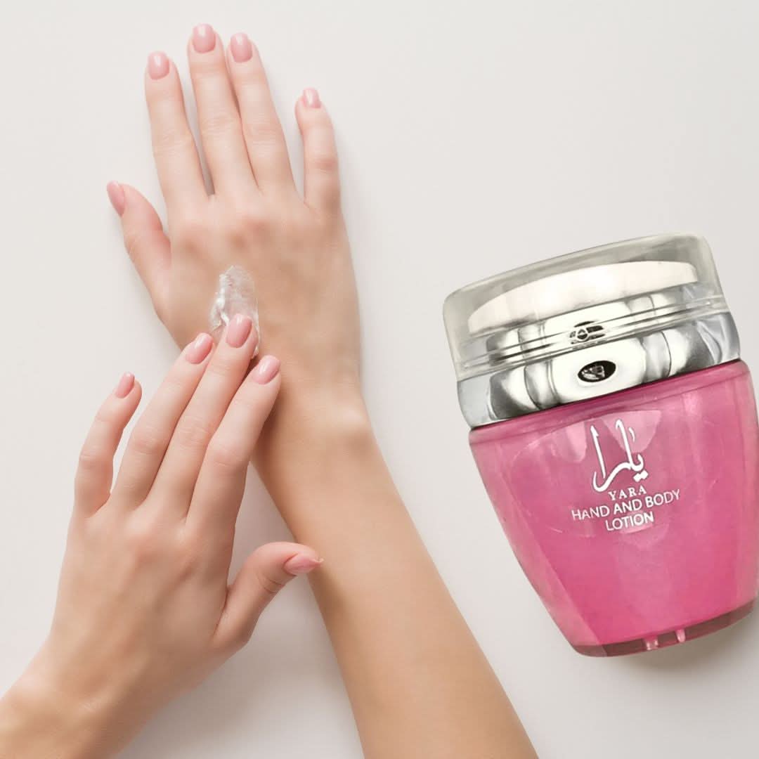 Yara Hand and Body Lotion by Ard Al Zaafaran in a velvet pouch, 45ml bottle, featuring smooth, moisturizing lotion for skin care.