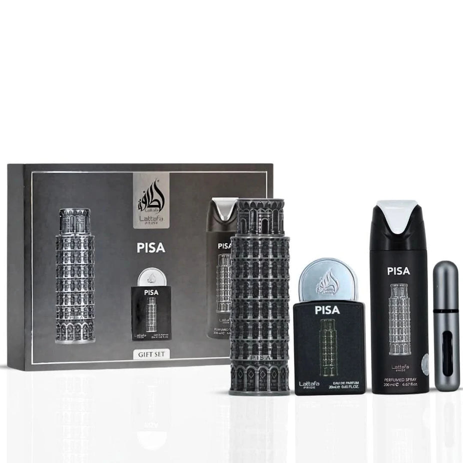 Lattafa Pride Pisa 3-piece perfume gift set with three elegant bottles displayed on a neutral background.