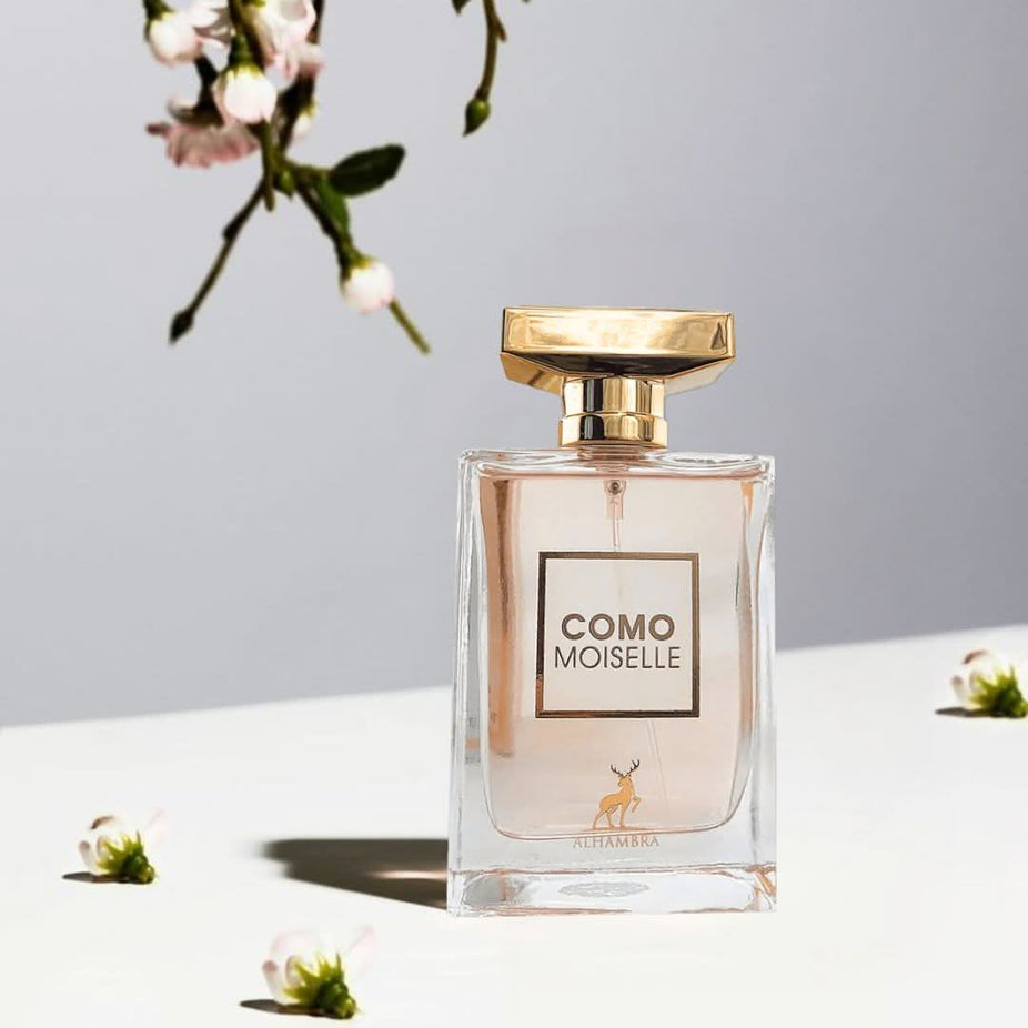Como Moiselle Eau de Parfum spray by Maison Alhambra, 100ml, featuring an elegant perfume bottle with a sleek design.