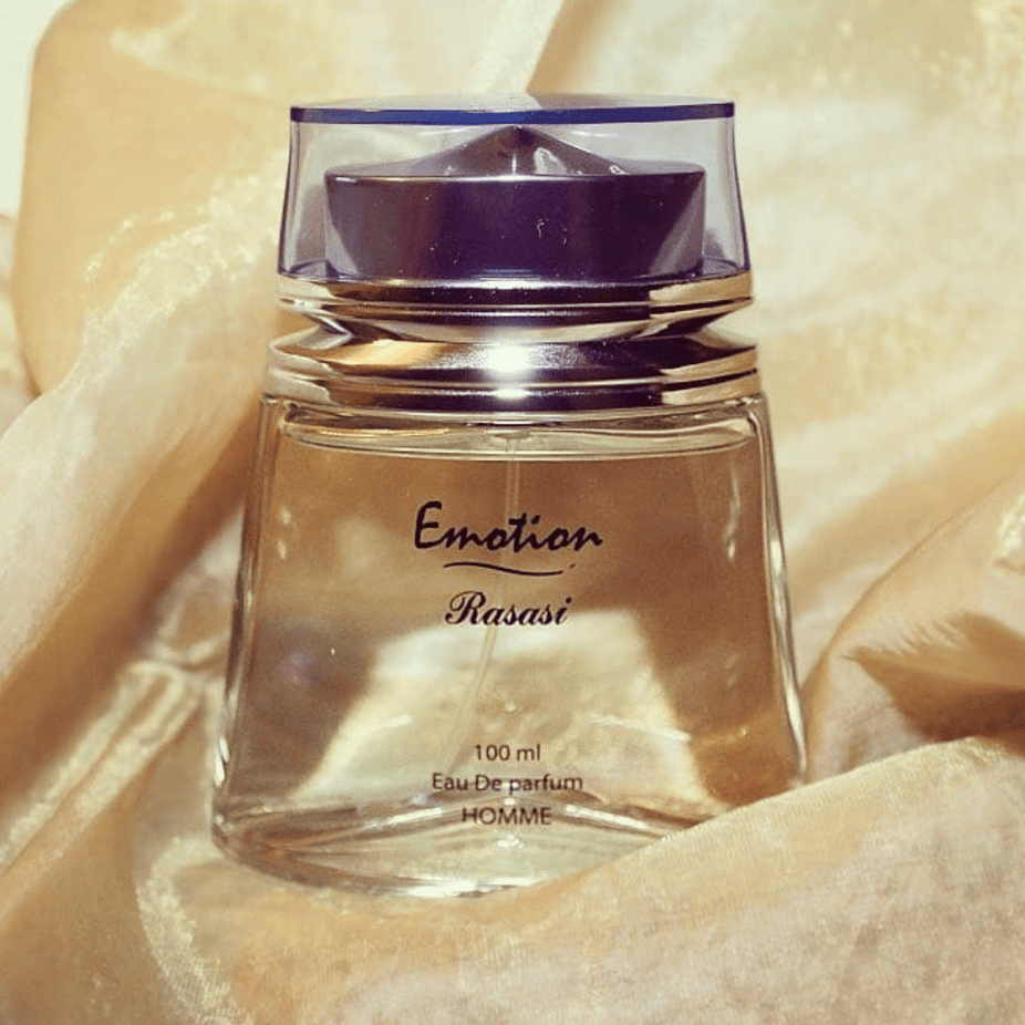 Rasasi Emotion Pour Homme Eau de Parfum spray 100ml, sleek bottle with black and silver design, elegant and masculine fragrance display.