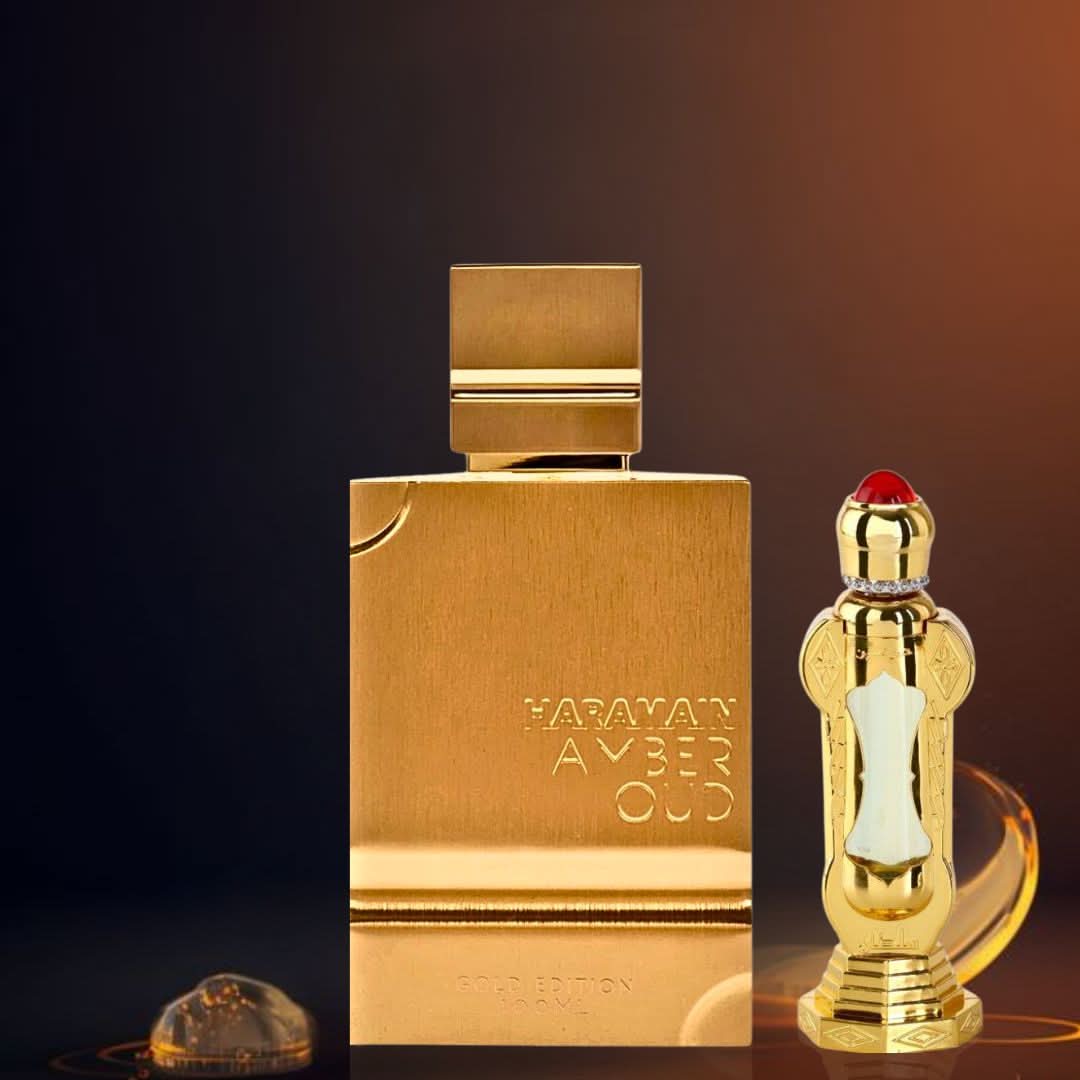 Al Haramain Amber Oud Gold Edition perfume spray and Sultan perfume oil in a bundle, featuring elegant bottles and packaging.