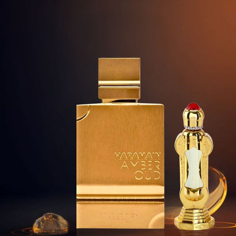 Al Haramain Amber Oud Gold Edition perfume spray and Sultan perfume oil in a bundle, featuring elegant bottles and packaging.