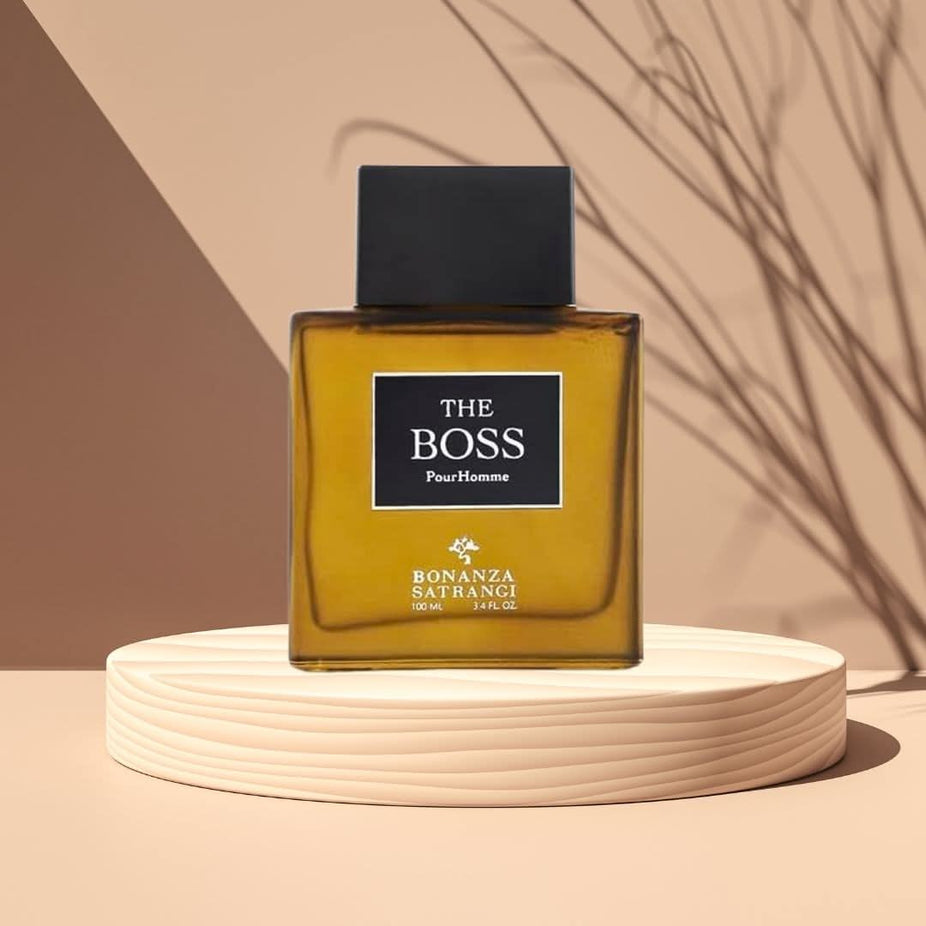 Bonanza Satrangi Boss Pour Homme EDP spray 100ML with floral, woody, luxurious fragrance bottle and packaging.